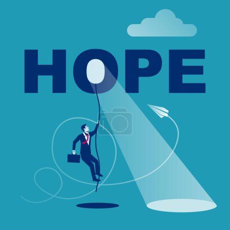 Ilustración de Hope concept. Businessman climbs up the rope. Last hope. The hard way up. Light of future. Striving for growth and inspiration. Motivational template. New opportunity. Vector illustration flat design. - Imagen libre de derechos