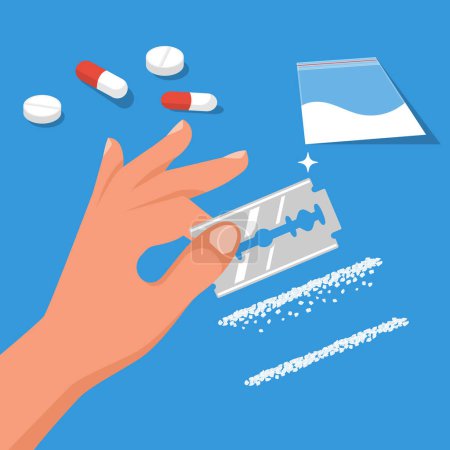 A drug addict with a blade in his hand makes a heroin track. Drug use, addiction to forbidden substances. Dose preparation. Vector illustration flat design.