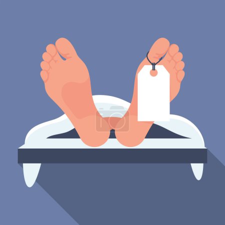 Corpse in the morgue. Dead man in the morgue. Legs of a dead man with a white tag. The human body is covered with a white sheet. Vector illustration flat design. Isolated on background.