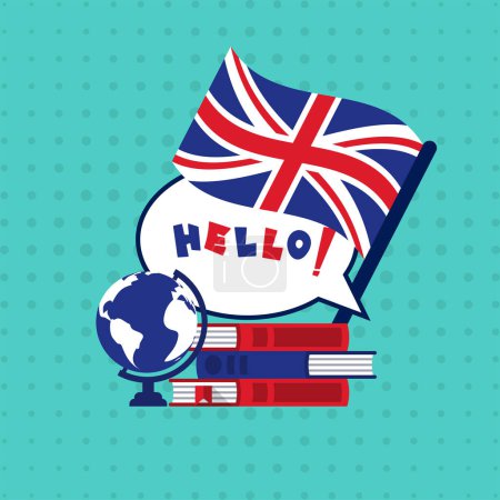 Illustration for Speak English. Stack of books, globe, and flag of England. Word cloud. Vector illustration flat design. Isolated on background. - Royalty Free Image