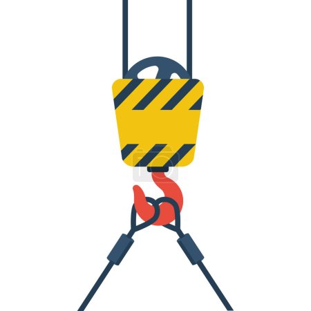 Illustration for Crane hook isolated on a white background. Industrial steel hook tower crane. Steel tower crane hook, yellow with black stripe. Lifting large loads. Vector illustration flat design. - Royalty Free Image