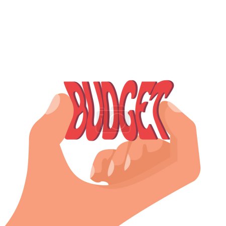 Illustration for Squeeze the budget. Hand squeezing the word budget with fingers as a symbol of a decrease in income. Financial recession, Money shortage. Vector illustration flat design. - Royalty Free Image