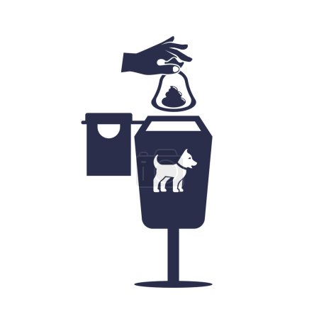 Clean up the shit. The man in hand holds a bag of poop, throw it in the trash. Clean up after your pet. Social rules. Pick up and remove. Vector illustration flat design.