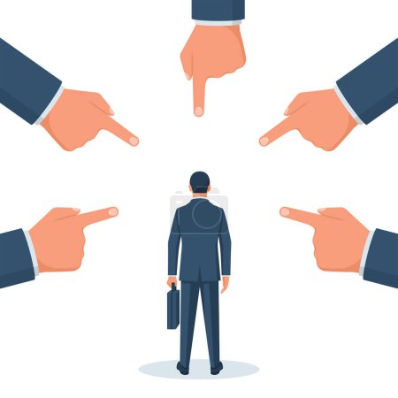 Illustration for Accusation concept. Sad businessman. People point fingers at the sad person. Public victim. Vector illustration flat design. Isolated on white background. Harassment coworkers. Victim worker. - Royalty Free Image