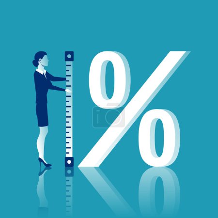Illustration for Percent measurement. Young businesswoman measuring percent sign. Vector illustration flat design. Isolated on background. - Royalty Free Image