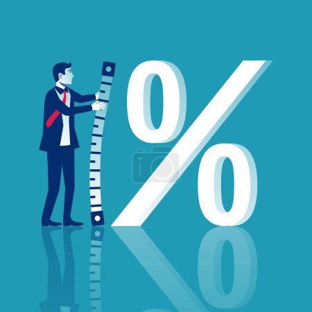 Illustration for Percent measurement. Young businessman measuring percent sign. Vector illustration flat design. Isolated on white background. - Royalty Free Image