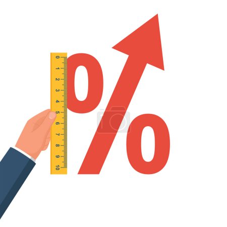 Illustration for Percent measurement. Young businessman measuring percent sign. Vector illustration flat design. Isolated on white background. - Royalty Free Image