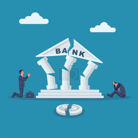 Banking collapse concept. Ruined bank. Financial crisis. Businessman on knees near the destroyed bank. Bankruptcy icon. Building in cracks. Vector illustration flat design. 