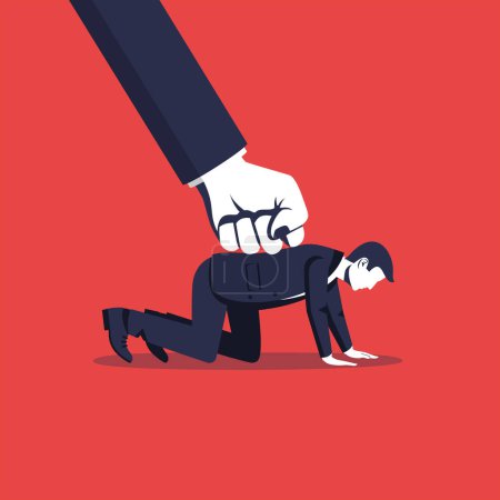 Illustration for Oppression concept. The big fist of the boss presses on the small employee. Conflict at work. Business pressure. Vector illustration flat design. Isolated in the background. - Royalty Free Image