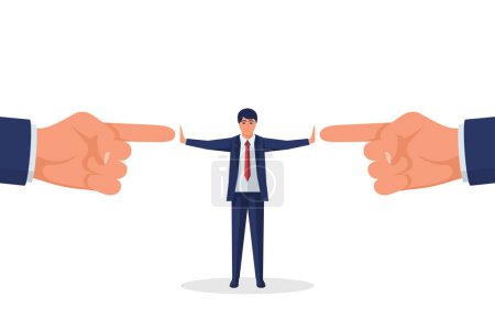 Stop conflict. Businessman referee finds compromise. Mediator solving competition. Conflict and solution. The man throws two finger. Vector illustration flat design. Isolated on white background.