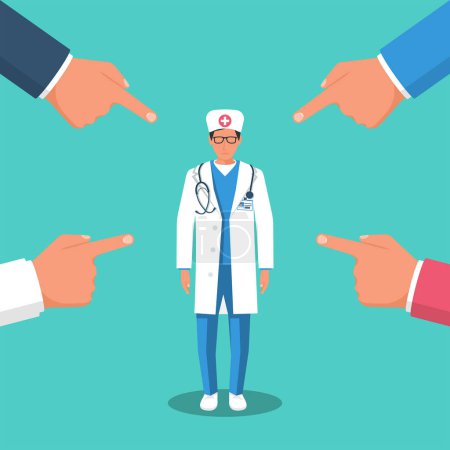Illustration for Accusation doctor. People point fingers at sad medical officer. Public victim. Victim worker. Vector illustration flat design. Isolated on white background. Harassment coworkers. - Royalty Free Image