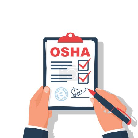 OSHA-Konzept. Ein professioneller Prüfer füllt ein Formular mit Sicherheitsbestimmungen aus. Klemmbrett und Stift in der Hand. Vektor Illustration flaches Design. Isoliert auf weißem Hintergrund.