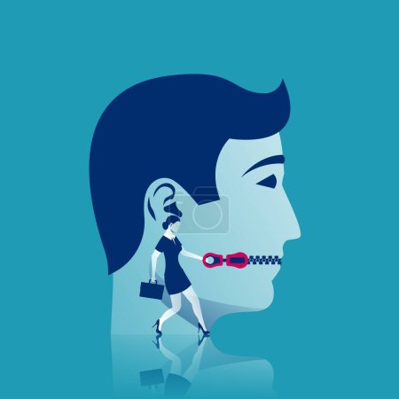 Illustration for Woman closes mouth to man. Mouth with zipper. Lips on lock. Vector illustration flat design. Not conversations. Symbol of silence. Violation of an individuals rights. Silence against. - Royalty Free Image