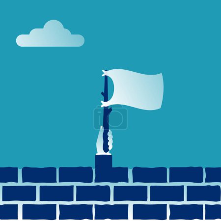 Illustration for White flag holding in hand behind a brick wall. Flag surrender. Man held up a white cloth on stick. Vector illustration flat design. Symbol give up. Peace negotiations. - Royalty Free Image