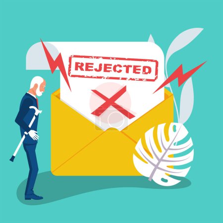 Rejection of an old man. Reject resume. Letters in an envelope a stamped candidate document rejecting a job application. Old man sad. Job search. Vector flat design. Isolated on white background. 