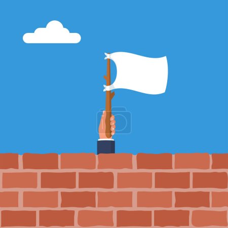 Illustration for White flag holding in hand behind a brick wall. Flag surrender. Man held up a white cloth on stick. Vector illustration flat design. Symbol give up. Peace negotiations. - Royalty Free Image