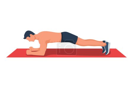 Body plank. A beautiful young man stands in a perfect plank. Good athletic figure. Active lifestyle. Slim body, abdominal exercise. Vector illustration flat design. Isolated on white background.