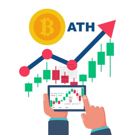 All Time High. Bitcoin ATH. BTC. The highest price. New achievement. Trade schedule with coin cryptocurrency. Vector illustration flat design. Isolated on white background.