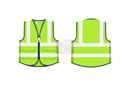 Safety jacket flat icon. Green emergency vest, front and back views. Special uniform. Reflective safety vest. Vector illustration flat design. Isolated on white background.