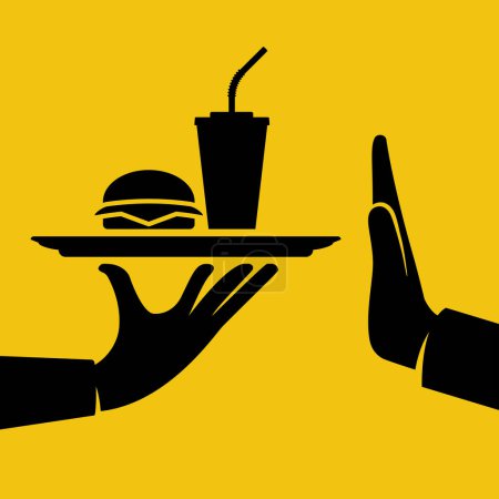 No fast food, black icon. Rejecting the offered junk food. Gesture hand NO. Offer cola and hamburger. Stop fat, calorie, unhealthy snack. Vector illustration flat design. Isolated on background.