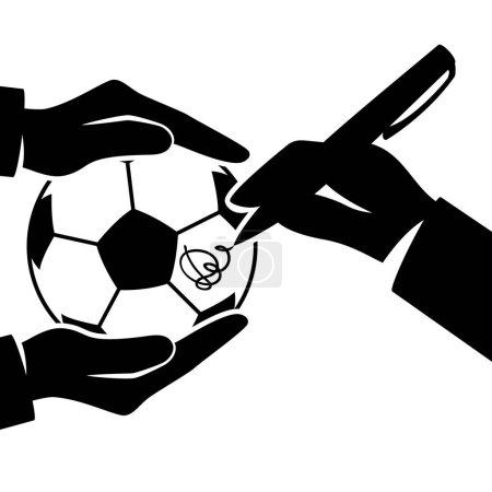 Autografo en la pelota. El atleta da un autógrafo, firmando una pelota de fútbol. Sostener la pelota y la pluma en las manos. Ilustración vectorial diseño plano. Aislado sobre fondo.