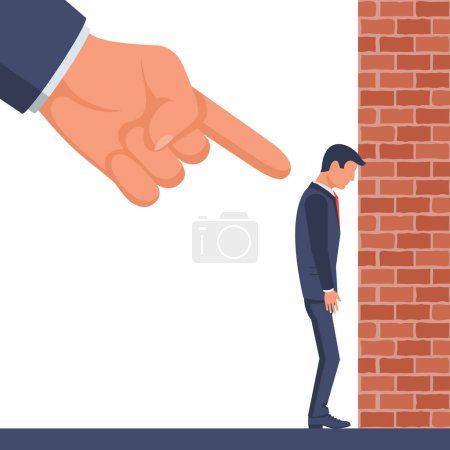 Accusation concept. Sad businessman. Human point fingers at the sad person. Public victim. Vector illustration flat design. Isolated on white background. Harassment coworkers. Victim worker.