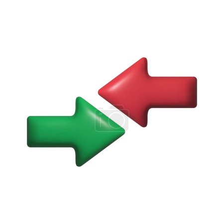Conflicto de intereses 3d icono de renderizado. Concepto de negocio. Flechas rojas y verdes una contra la otra. Ilustración vectorial diseño plano. Metáfora de la rivalidad. Símbolo de competitividad.