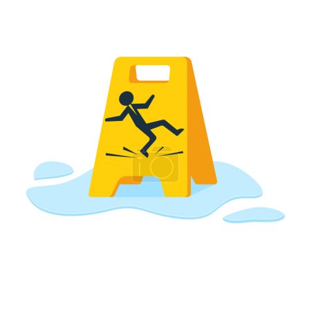 Floor sign of danger. Puddle on floor. Cleaning in progress. Falling silhouette man is on the floor. Pictogram of danger. Vector illustration flat design. Isolated yellow symbol on white background.