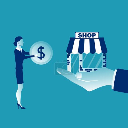 Franchise concept. Investor buys the store by agreement. Money in exchange for property rights. Purchase of an idea and license. Profitable franchise business. Vector illustration flat design.