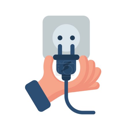 Electric power plug holding in hand. Unplug, and plugged in the wall socket. Vector illustration flat cartoon design. Connecting power plug. Isolated on white background.
