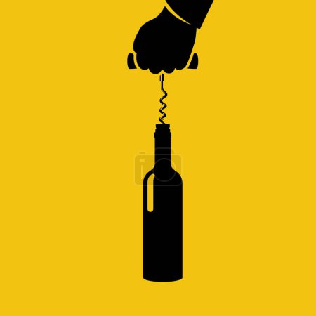 Open a bottle of wine. The waiter is holding a bottle of wine and a corkscrew in hand.  Alcoholic drinks. Vector illustration flat design. Isolated on a white background.