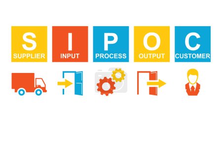 SIPOC concept. Supplier Input Process Output Customer. Infographics icons. Vector illustration flat design. Isolated on white background.