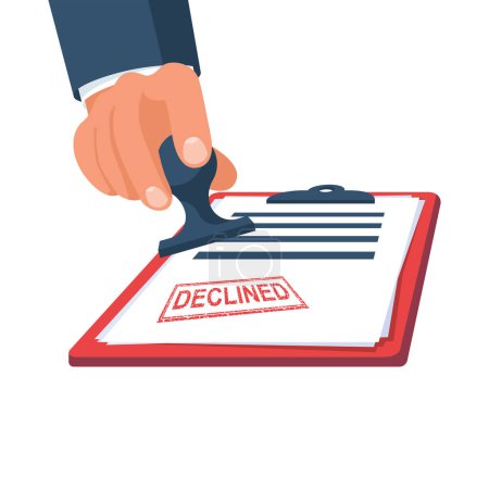 Declined stamping. The official document is rejected. Documents and stamp in the hand of a businessman. Template for failure. Vector illustration flat design. Isolated on white background.