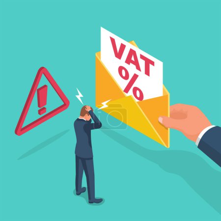 VAT payment. Vat receipt in envelope. Data analysis, paperwork, financial research, report. Sad man who received a tax. Calculation tax government, state. Flat design vector illustration.