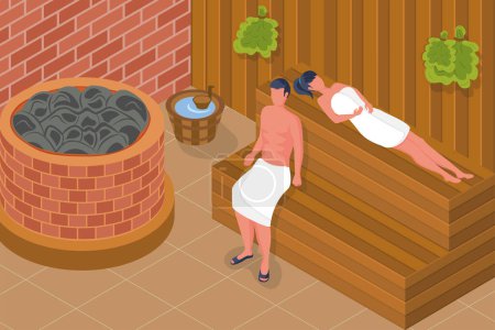 Badehaus. Eine Frau und ein Mann nehmen ein Dampfbad und entspannen in einem Bad, einer Sauna. Gesunder Lebensstil. Landing page. Vektor Illustration flaches Design. Isoliert auf weißem Hintergrund.