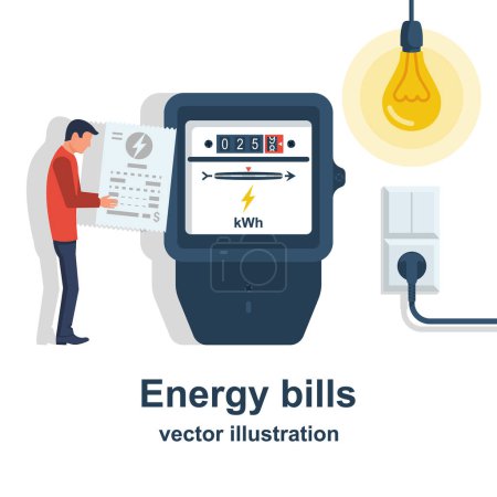 Illustration for Energy bills. Man paying utilities. Concept of invoice and electricity meter. Electricity bills. Check for payment in hand. Vector illustration flat design. Isolated on background. - Royalty Free Image