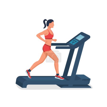 Illustration for Woman on treadmill. Running simulator. Gym tool. Running woman. Time to run. Vector illustration flat design. Isolated on white background. Young attractive girl. Sports and fitness. Active lifestyle. - Royalty Free Image