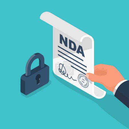 Man signs NDA contract. Contract printing and safety signature. Lock as a symbol of protection, metaphor. Non Disclosure Agreement document. Privacy document. Vector icon.