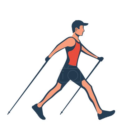 Nordic walking black icon. Sports activities for a healthy lifestyle. Young man, athlete outdoors. Tourism and hiking. Vector illustration flat design. Isolated on white background.