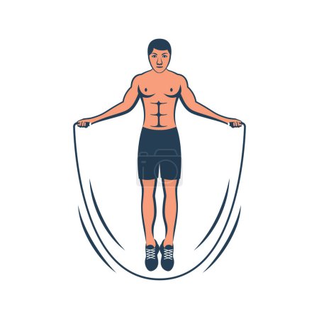 Man jumping rope, black icon. Healthy lifestyle. Beautiful male athlete. Slim body. Vector character. Illustration flat design. Isolated on white background. Active sports cardio exercises. 