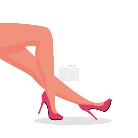 Hermosas piernas delgadas femeninas en zapatos de tacón alto. Los pies delgados de las mujeres. Hermosa mujer en zapatos elegantes. Ilustración vectorial diseño plano. Aislado sobre fondo blanco.
