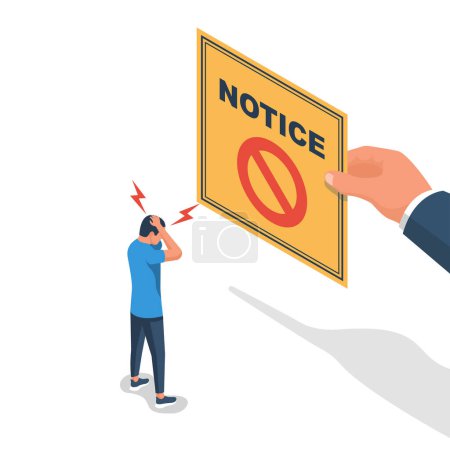 Illustration for Eviction notice. Man holds a notice about the seizure of property. Stop sign at the entrance. Notice of eviction in letter. Entry into the house is prohibited. Vector illustration isometric design. - Royalty Free Image