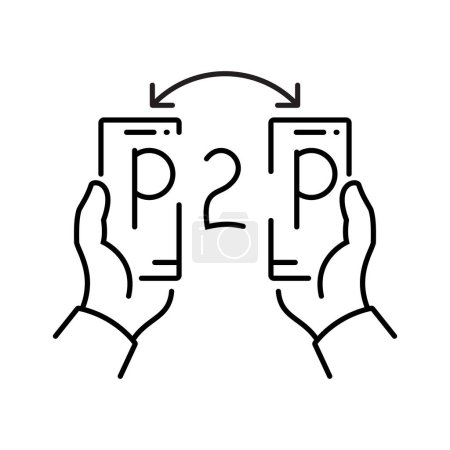 P2P-Symbol. Telefon in der Hand, eine Plattform für Online-Überweisungen. Geldwechsel und Transferservice. Online-Abkommen. Design dünne Linie. Vektorillustration flaches Design. 