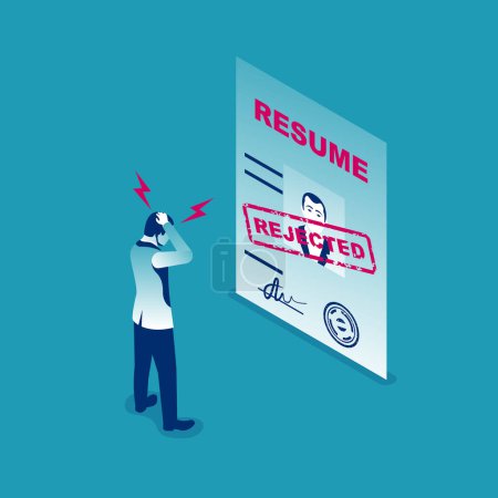 Reject resume. Head hunter holds a stamped candidate document rejecting a job application. Sad business manager. Job search. Vector isometric design. Isolated on white background. Bad news about work.