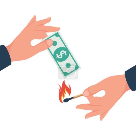 A man burns money. Matches and dollars in hands. Burning banknote. Wasting money. Financial crisis and inflation concept. Vector illustration flat design. Isolated on white background.