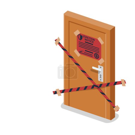 Aviso de desalojo, sábana blanca en la puerta. Pare de firmar en la entrada. La llave en la cerradura de la puerta está prohibida. No abras la puerta. Diseño isométrico de ilustración de vector de forma. Fondo aislado.