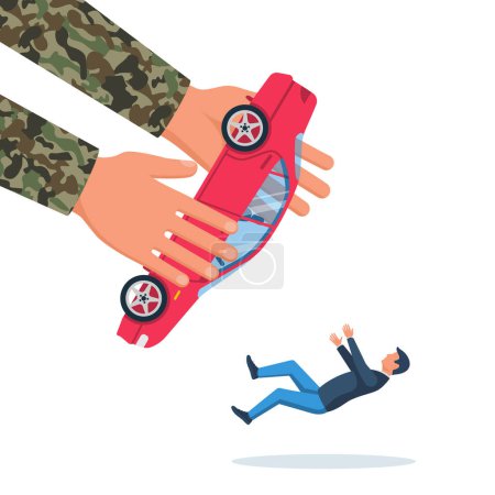 Confiscated car. A military man takes a car from a man. Violation of human rights in Ukraine. Dictatorship and violation of the constitution. Vector illustration flat design.