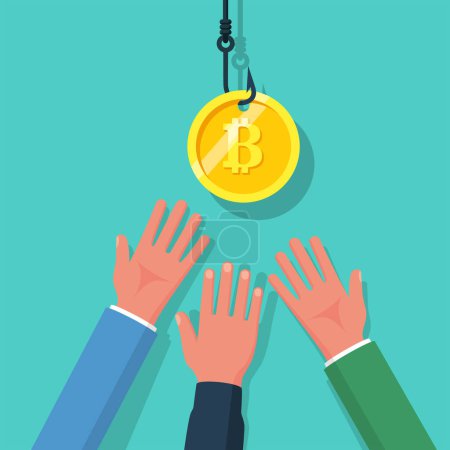 Coin bitcoin on hook. Crypto currency. The hands of male investors reach out for digital money. The lure of easy money. Money trap concept. Vector illustration flat design.