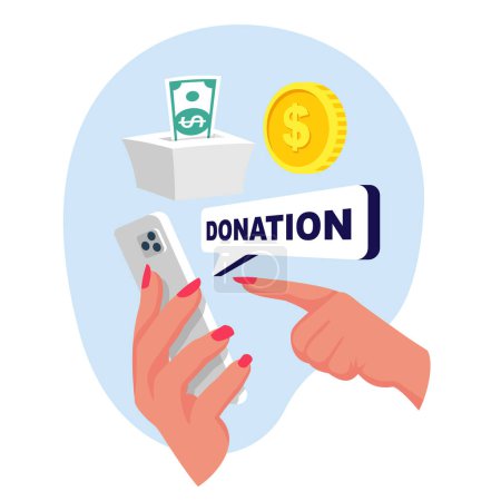 Donate money with a mobile phone. Online payment with smartphone. Charity, donation. Vector illustration flat design. Isolated on white background.