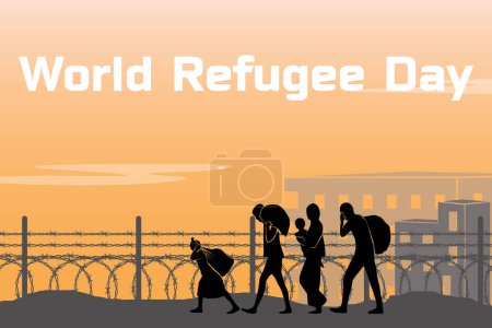 Silueta de refugiado para el día mundial de los refugiados. Silueta de refugiados para el día mundial de los refugiados. Silueta del día mundial de los refugiados en el fondo del amanecer.
